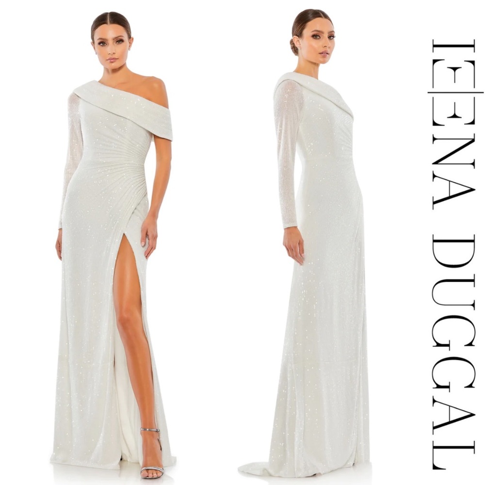 Ieena x Mac Duggal - White Sequined Drop Shoulder Faux Wrap Gown - Size 10